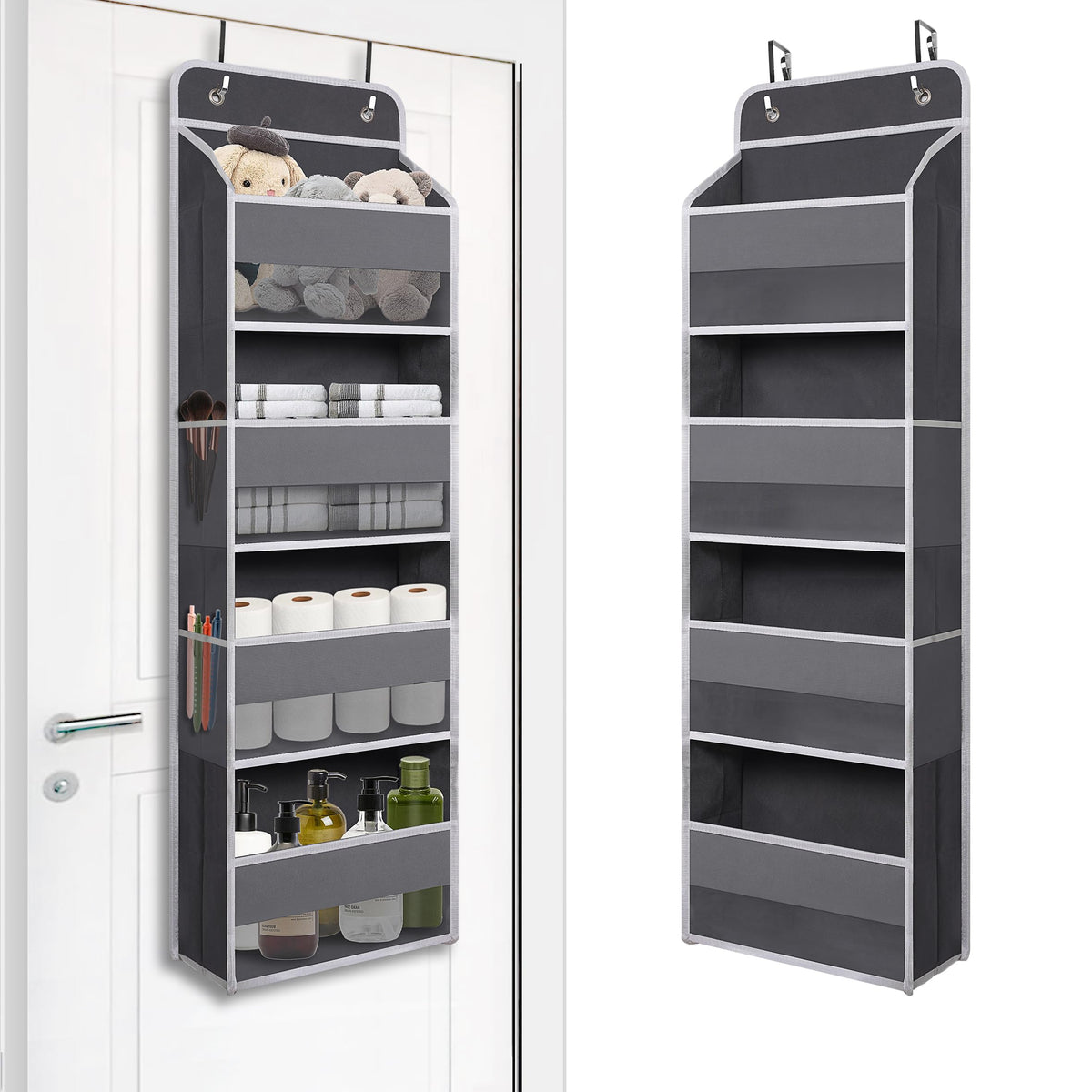 TYMENSH Black Over Door Organizer with 4 Large Clear Pockets, Compact Black Hanging Door Storage for Closet, Bathroom, Bedroom, Dorm, Nursery, Toys, Cosmetics, Baby Essentials