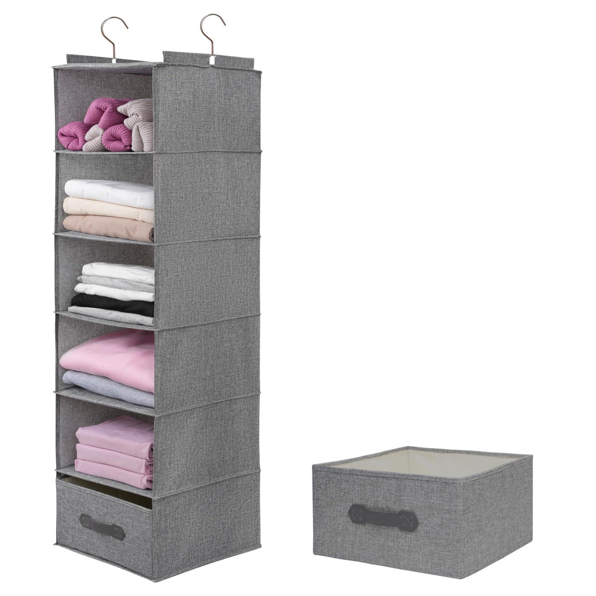 Large Hanging Sweater Organizer for Closet,Collapsible 6-Shelf Hanging Closet Shelves with Drawers, Washable (Grey-6 Shelf)