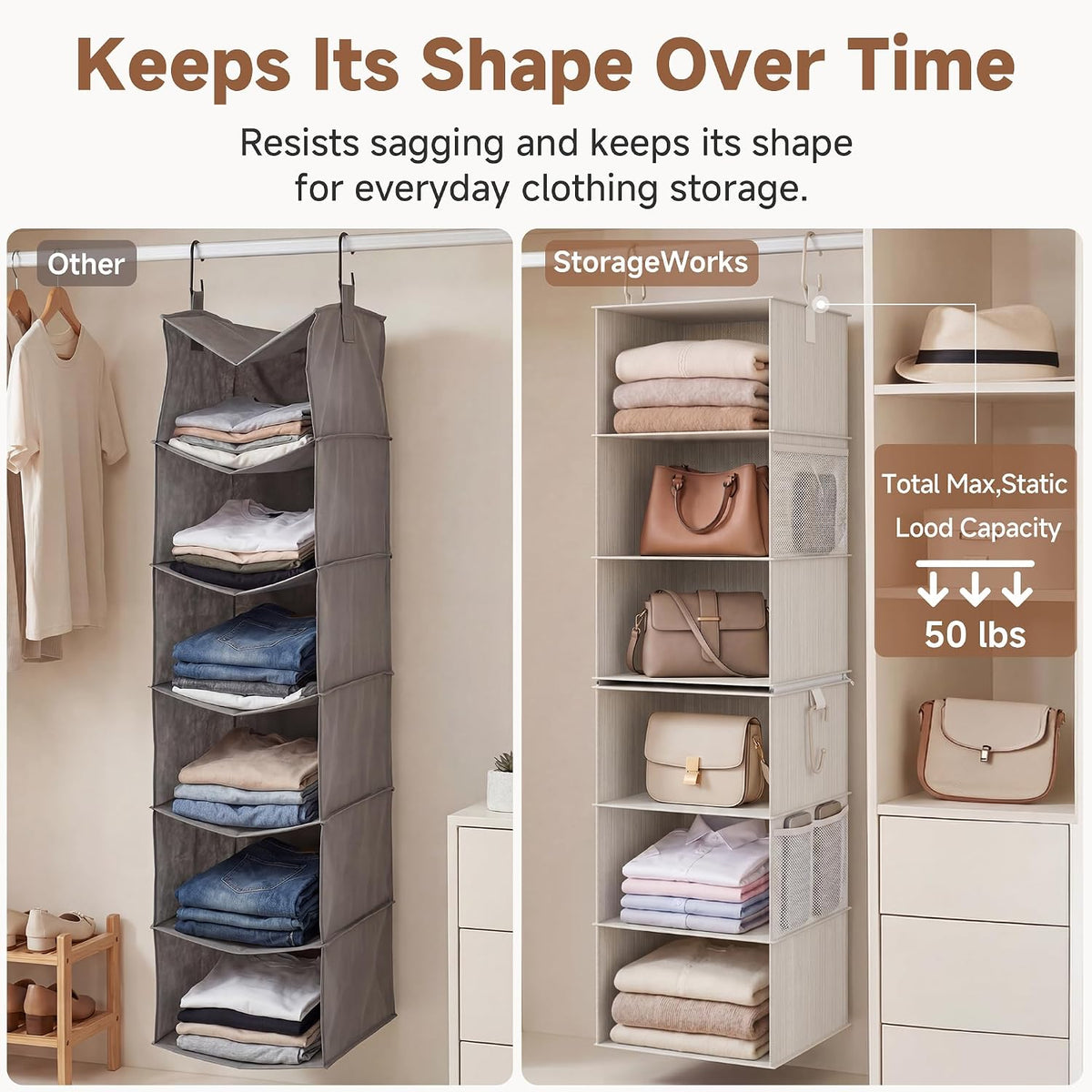StorageWorks Hanging Closet Organizer, 6-Shelf with 2-in-1 Design, Ivory