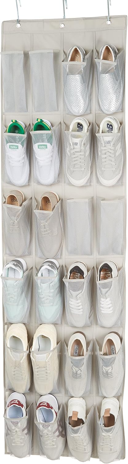 Amazon Basics 24 Medium Mesh Pocket Over-the-Door Hanging Shoe Organizer, Space Saving Shoe Storage, Light Grey