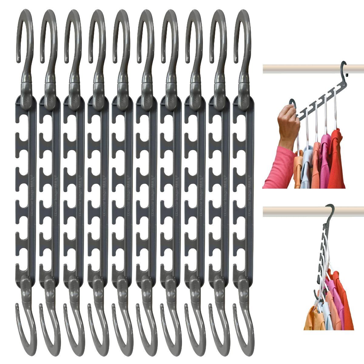 Wonder Hanger Max Space Saving Closet Hangers, 10-Pack, 360° Swivel, Grey
