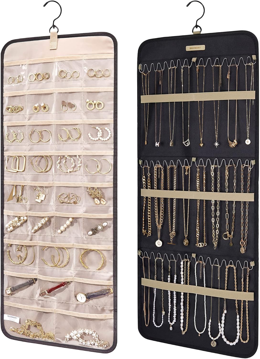 BAGSMART Hanging Jewelry Organizer Necklace/Earring/Ring 2-Sided L Black