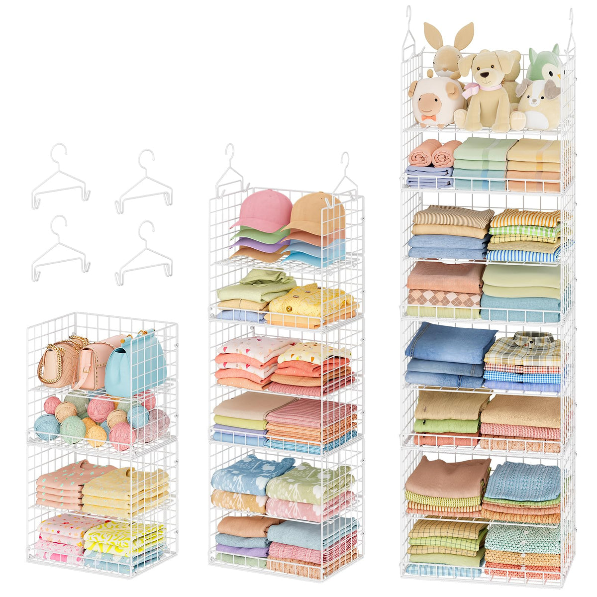 Yuyetuyo 5 Tier Closet Hanging Organizer and Storage Separable Hanging Closet Shelves with 4 Hooks 2 Adjustable Dividers, Wire Storage Basket Bins for Clothing Sweaters Socks Dolls Handbags, Foldable