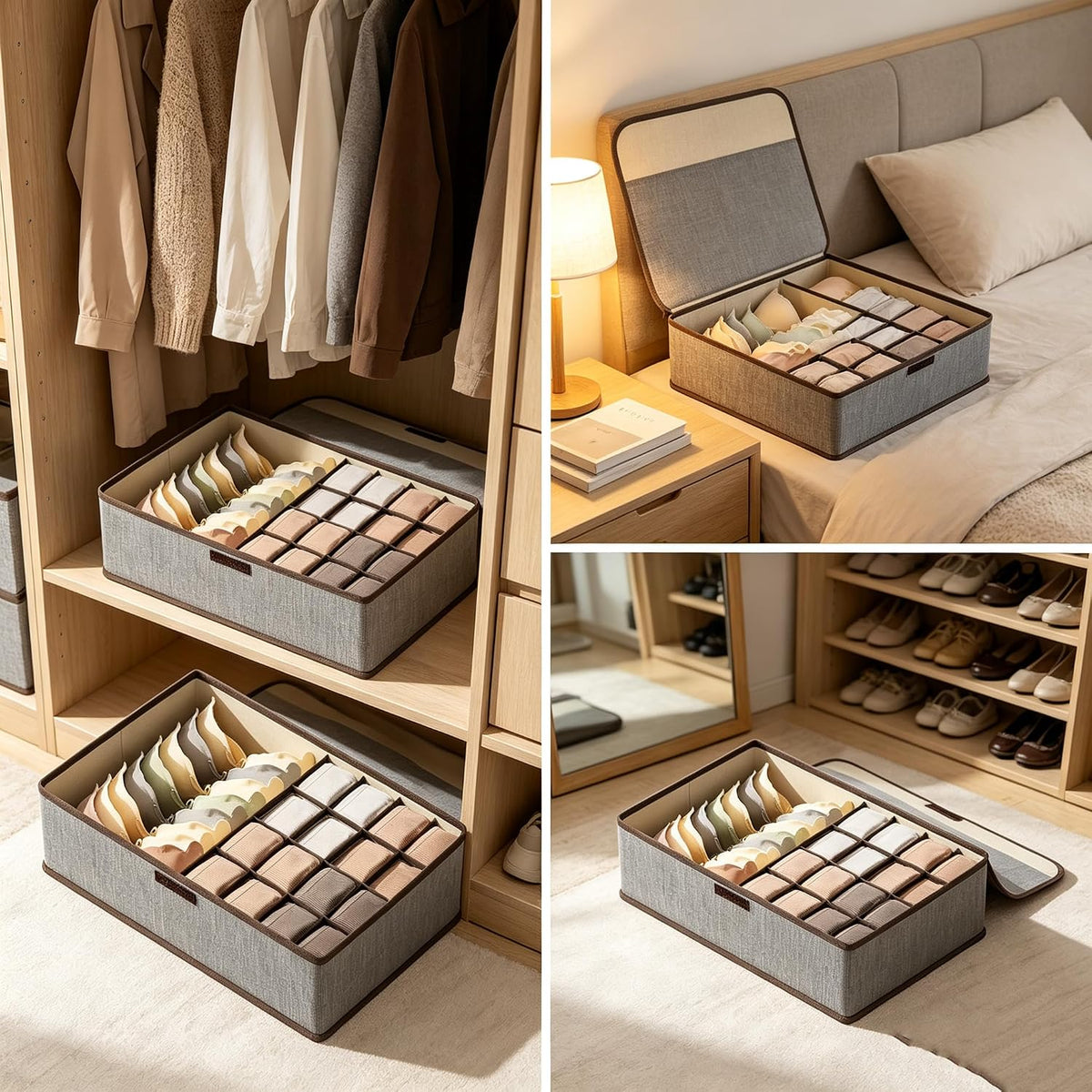 Underwear Drawer Organizer Dividers with Lid, 17 Cells Fabric Foldable Dresser Closet Organizers and Storage Bins Dustproof, Women Men Underwear Socks, Bra, Ties, Scarf