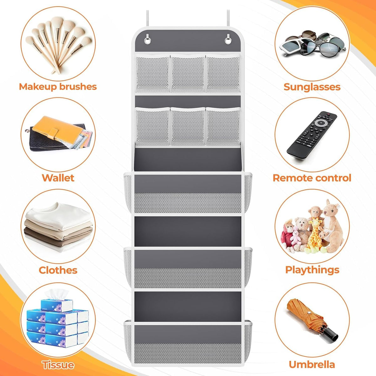 SpaceHacks 5-Tier Over the Door Organizer with Mesh Pockets, Dark Grey