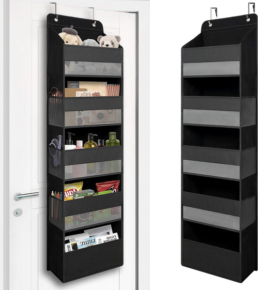TYMENSH Black Over Door Organizer with 5 Large Clear Pockets and 6 Side Mesh Pockets, Anti-Tilt Hanging Door Storage for Closet, Bathroom, Nursery, Bedroom, Dorm, Toys, Cosmetics