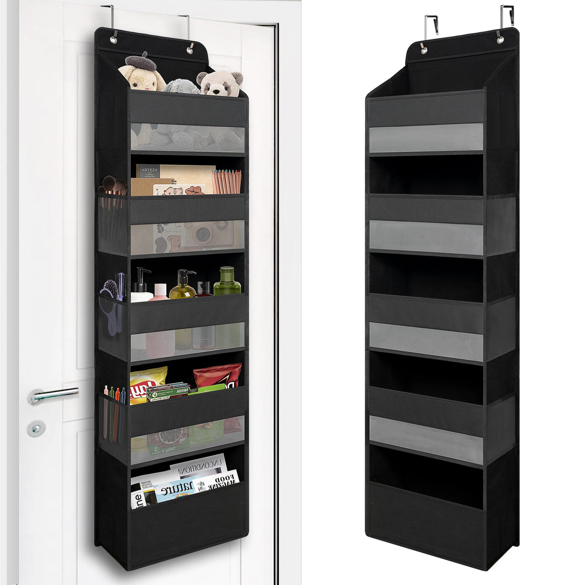 TYMENSH Black Over Door Organizer with 5 Large Clear Pockets and 6 Side Mesh Pockets, Anti-Tilt Hanging Door Storage for Closet, Bathroom, Nursery, Bedroom, Dorm, Toys, Cosmetics