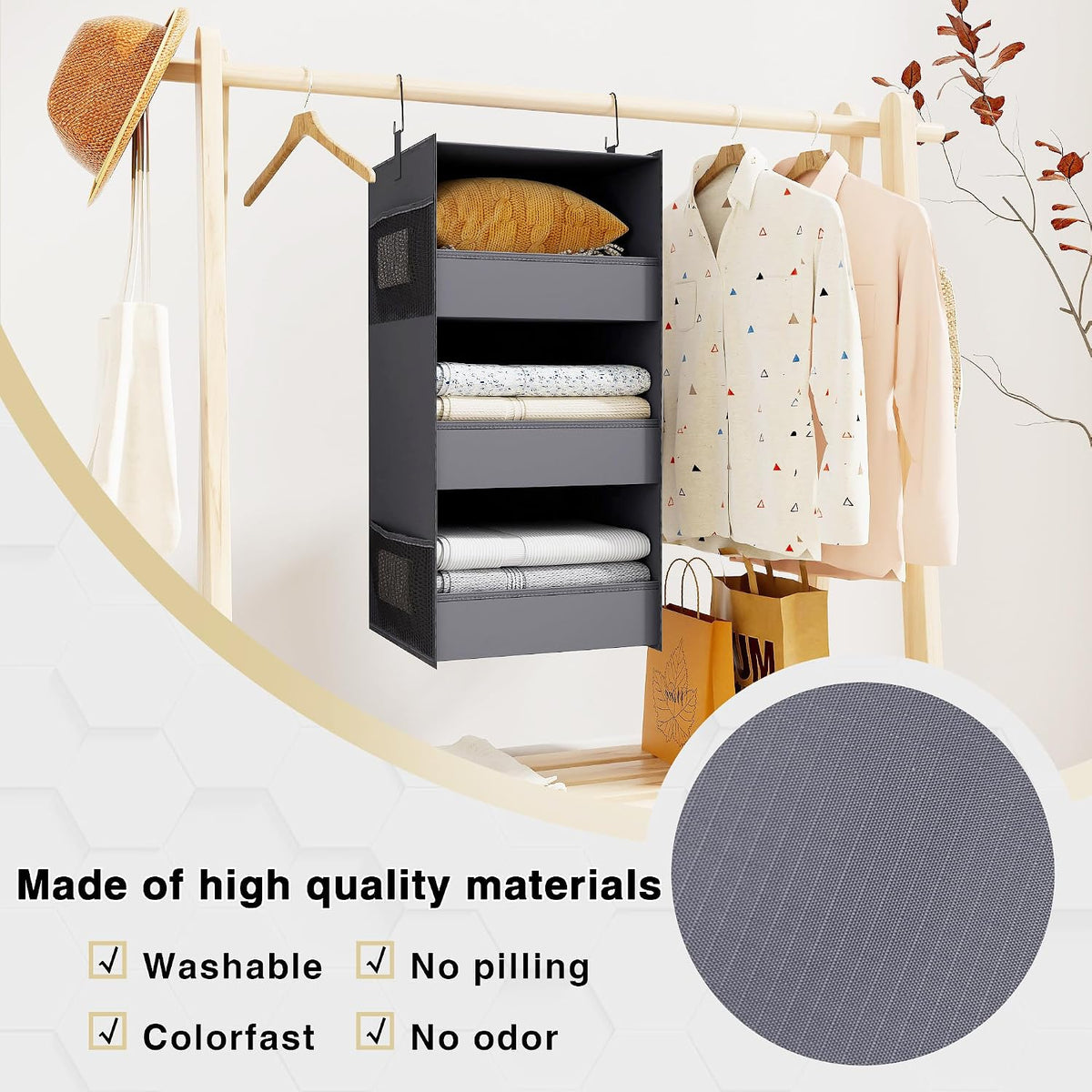 3-Shelf Hanging Closet Organizer, Washable Foldable Storage, Dark Gray