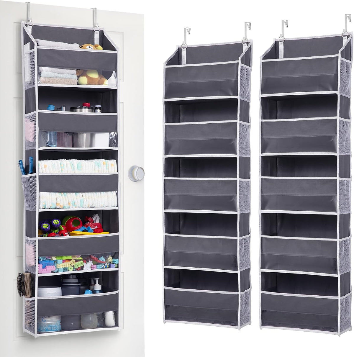 ULG 1 Pack Over Door Organizer with 5 Large and 10 Mesh Side Pockets, 44 lbs Weight Capacity Hanging Storage with Clear Window Kids Toys, Shoes, Diapers, Dark Grey, 5 Layers