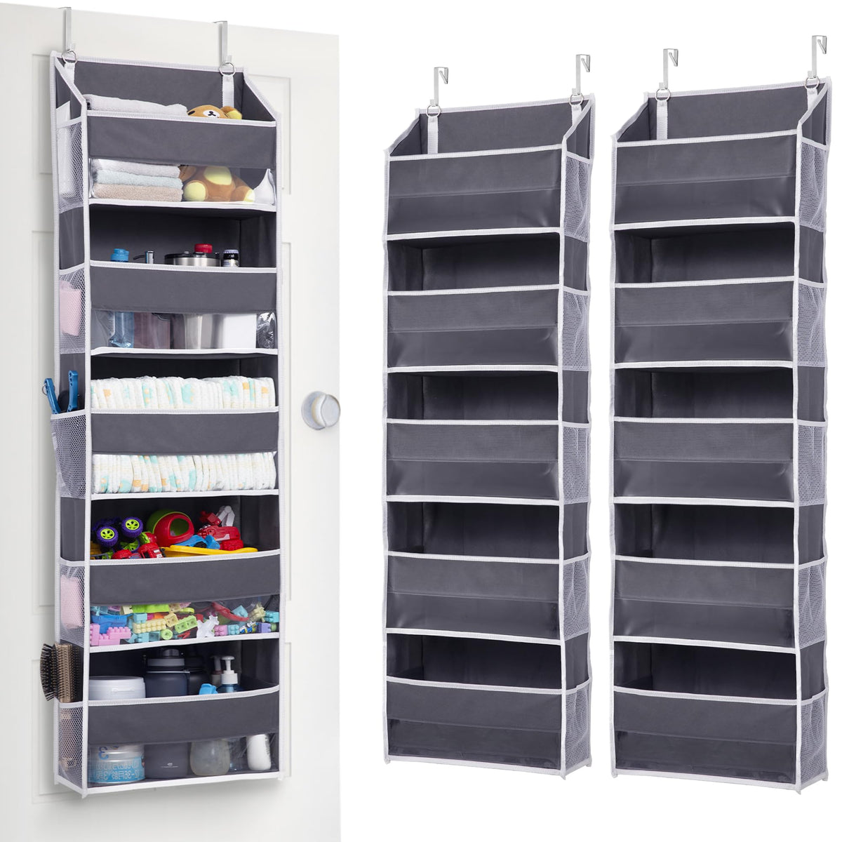 ULG 1 Pack Over Door Organizer with 5 Large and 10 Mesh Side Pockets, 44 lbs Weight Capacity Hanging Storage with Clear Window Kids Toys, Shoes, Diapers, Dark Grey, 5 Layers