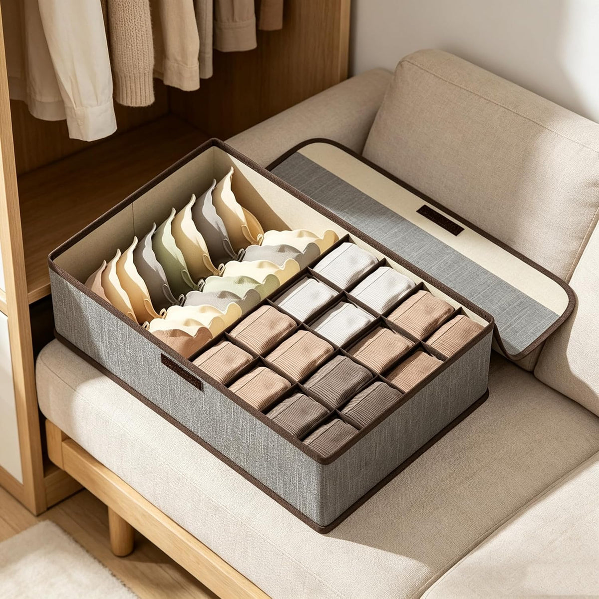 Underwear Drawer Organizer Dividers with Lid, 17 Cells Fabric Foldable Dresser Closet Organizers and Storage Bins Dustproof, Women Men Underwear Socks, Bra, Ties, Scarf
