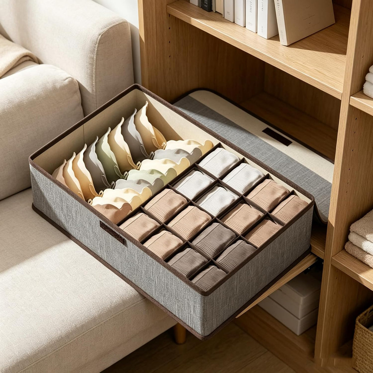 Underwear Drawer Organizer Dividers with Lid, 17 Cells Fabric Foldable Dresser Closet Organizers and Storage Bins Dustproof, Women Men Underwear Socks, Bra, Ties, Scarf