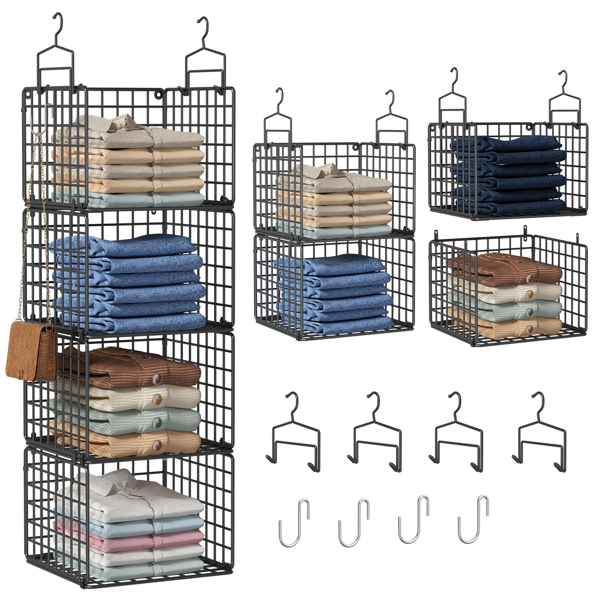 Hanging Closet Organizer, 4 Tier Metal Closet Organizers and Storage with 4 Hanging Hooks 4 S-Hooks for Wardrobe Laundry Room, Wire Storage Shelf for Clothes Sweaters Pants (White)