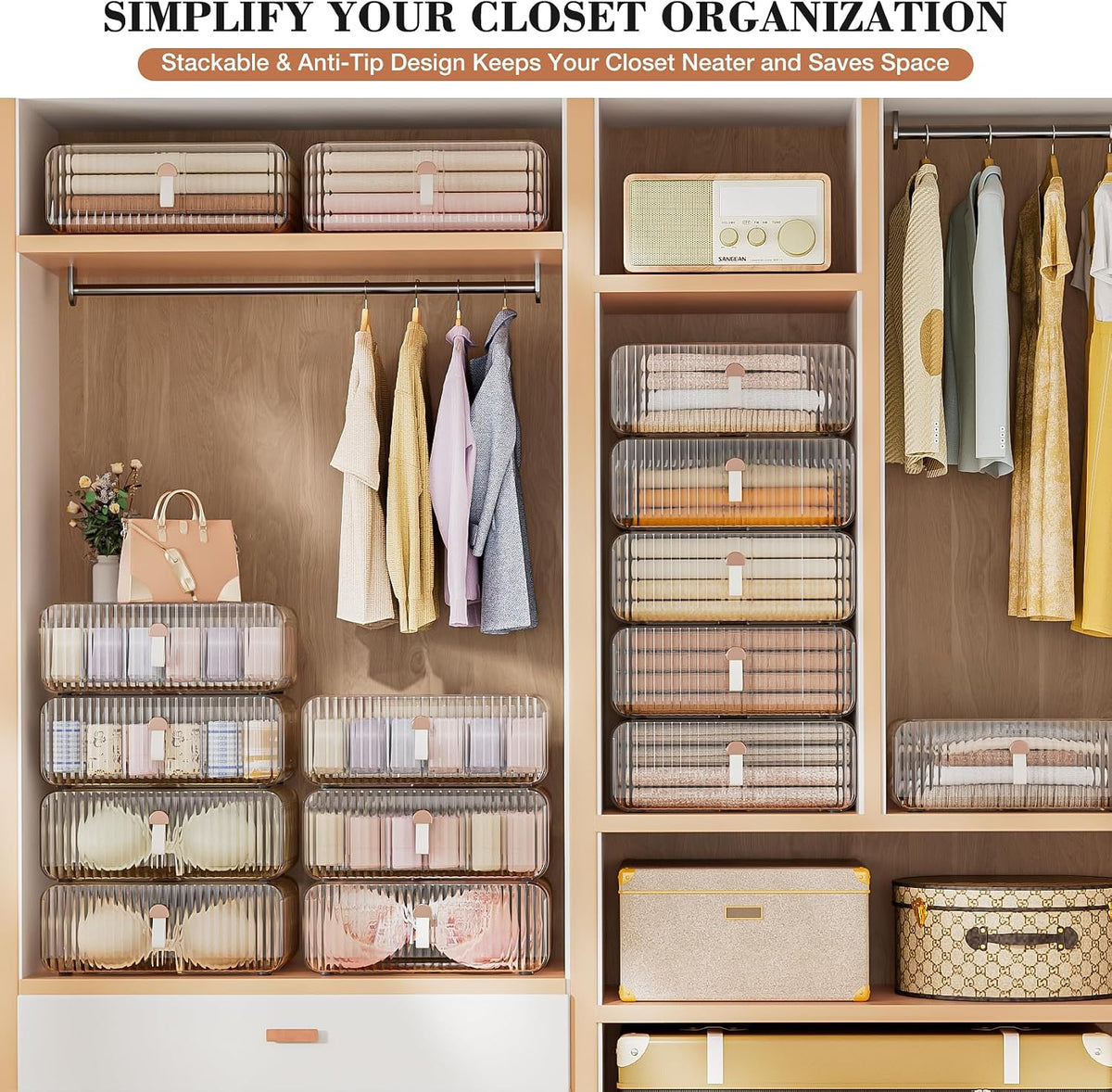 Sock Underwear Drawer Organizer - 24 Compartment Clear Acrylic Storage Bins with Removable Dividers for Closet, Stackable Dresser Drawer Box for No-Mess Socks, Tiers, Baby Clothes, Belt, Tea Bag