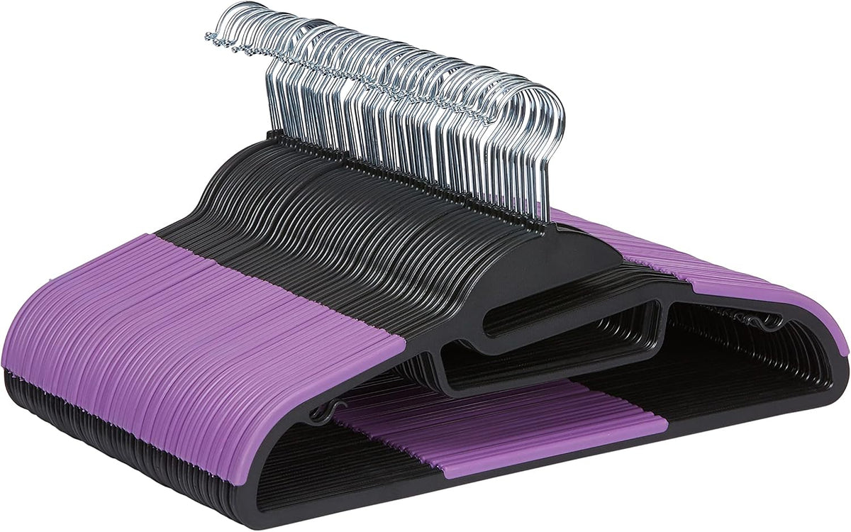 Amazon Basics Space Saving Non-Slip Rubber Coated Plastic Hangers with 360 Degree Swivel Hook, Black/Purple, Pack of 50