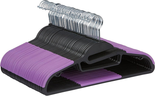 Amazon Basics Space Saving Non-Slip Rubber Coated Plastic Hangers with 360 Degree Swivel Hook, Black/Purple, Pack of 50
