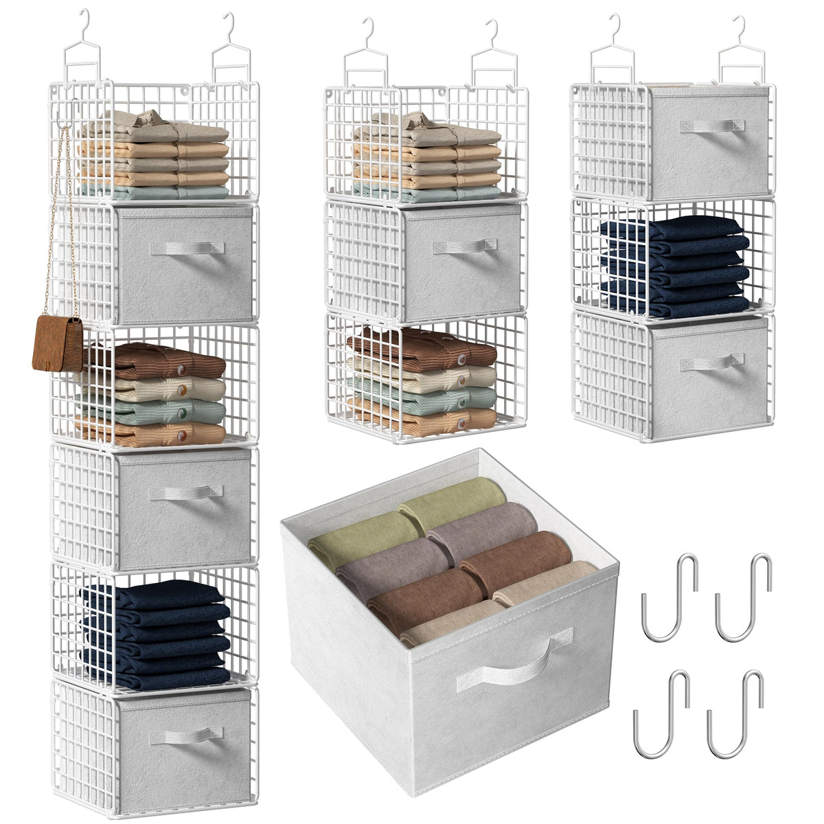 Hanging Closet Organizer, 4 Tier Metal Closet Organizers and Storage with 4 Hanging Hooks 4 S-Hooks for Wardrobe Laundry Room, Wire Storage Shelf for Clothes Sweaters Pants (White)
