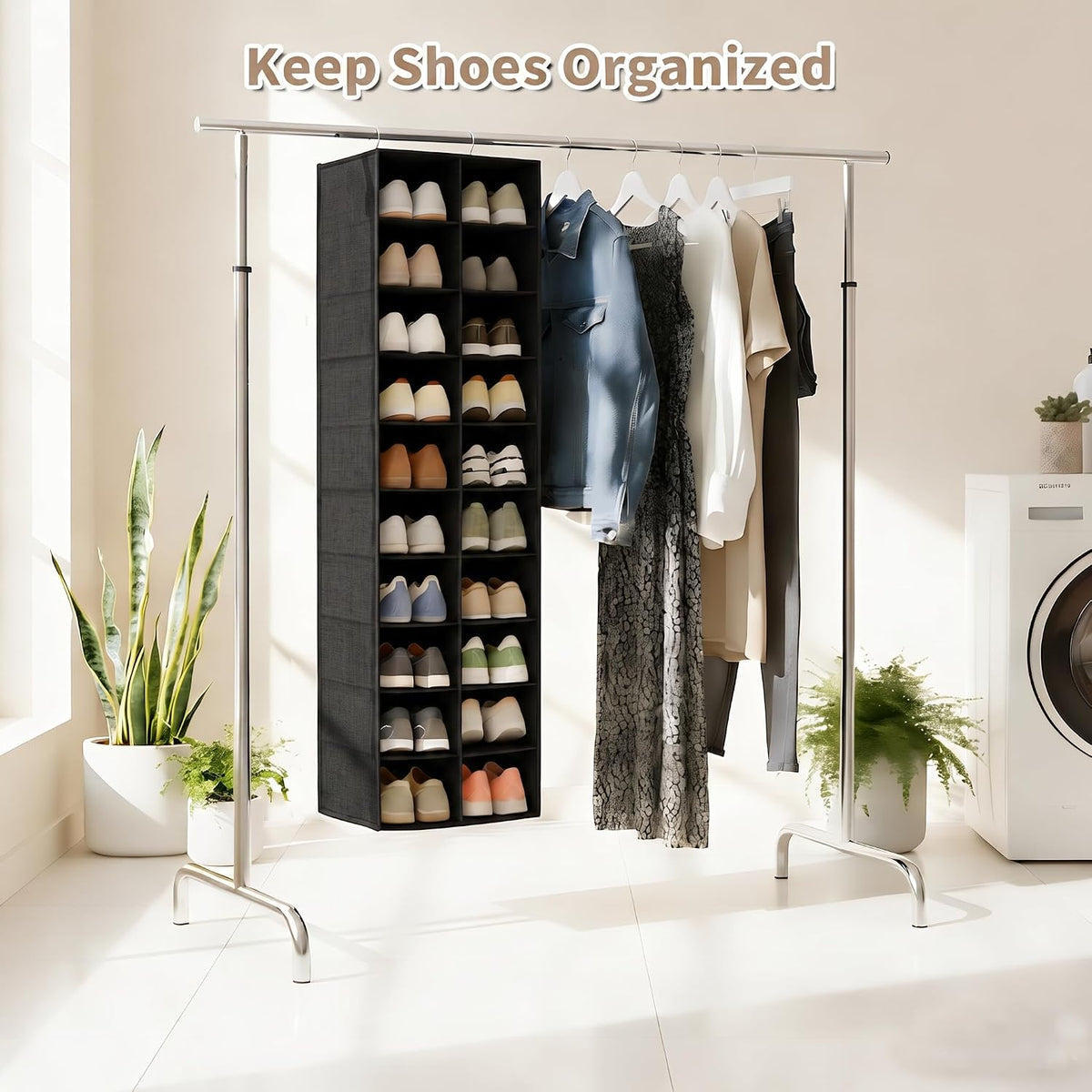 Hanging Shoe Organizer for Closet - 20 Wider Sections Closet Shoe Storage Rack, Sturdy Shoe Holder for Shoes Clothes Shirts, Reinforced Support Panels & Stainless Steel Frame