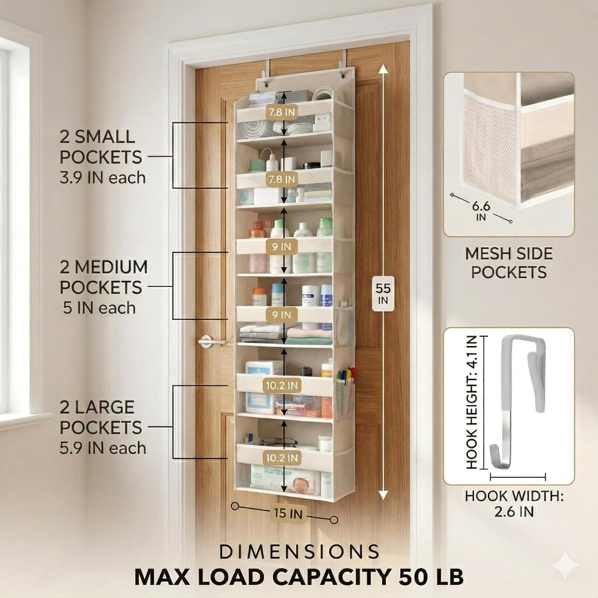 HOMELUX THEORY Over the Door Organizer, 6-Tier, 100D Fabric, Ivory 1pc