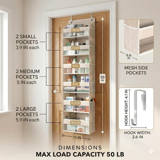 HOMELUX THEORY Over the Door Organizer, 6-Tier, 100D Fabric, Ivory 1pc