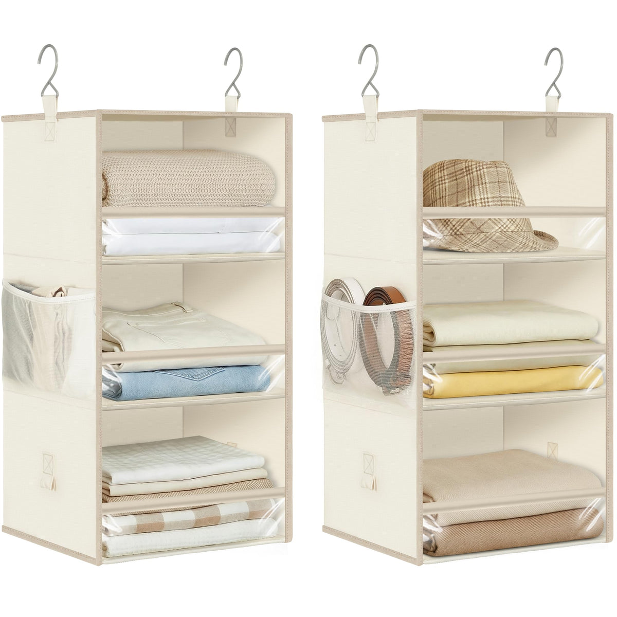 STORAGE MANIAC 6-Shelf Hanging Closet Organizer and Storage, 2 Separable 3-Shelf Haning Organizers for Closet, Collapsible Hanging Shelves Wardrobe Organization, College Dorm Room, Nursery, Beige