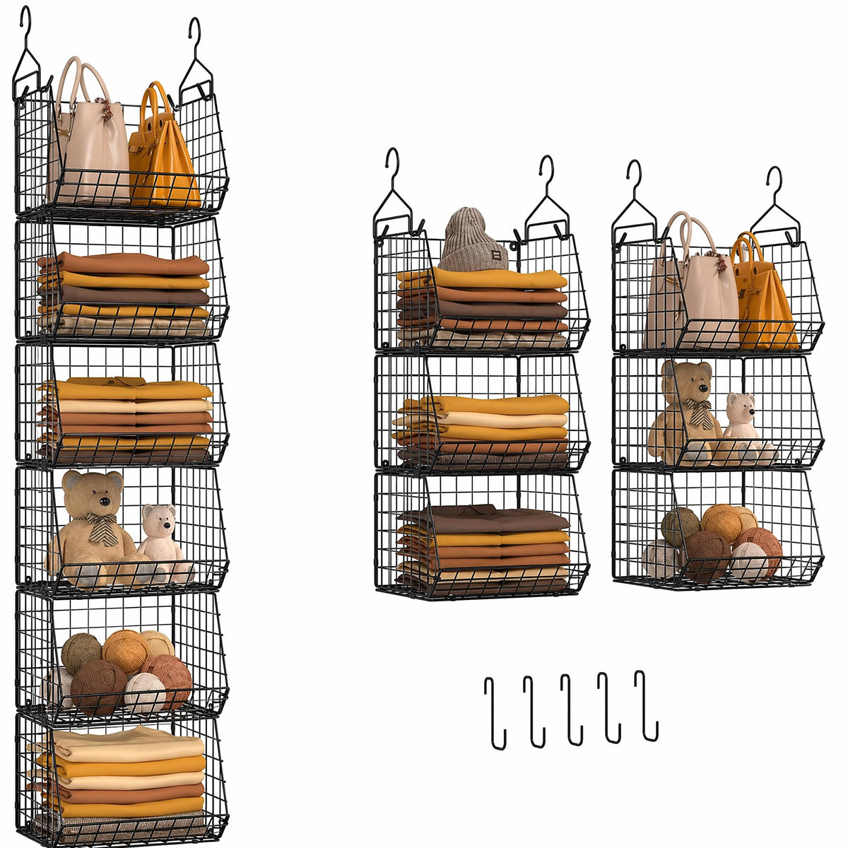 X-cosrack 6 Tier Closet Hanging Organizer, Clothes Hanging Shelves with 4 Hanging Hooks 5 S Hooks, Wire Storage Basket Bins, for Clothing Sweaters Shoes Handbags Clutches Accessories Patent