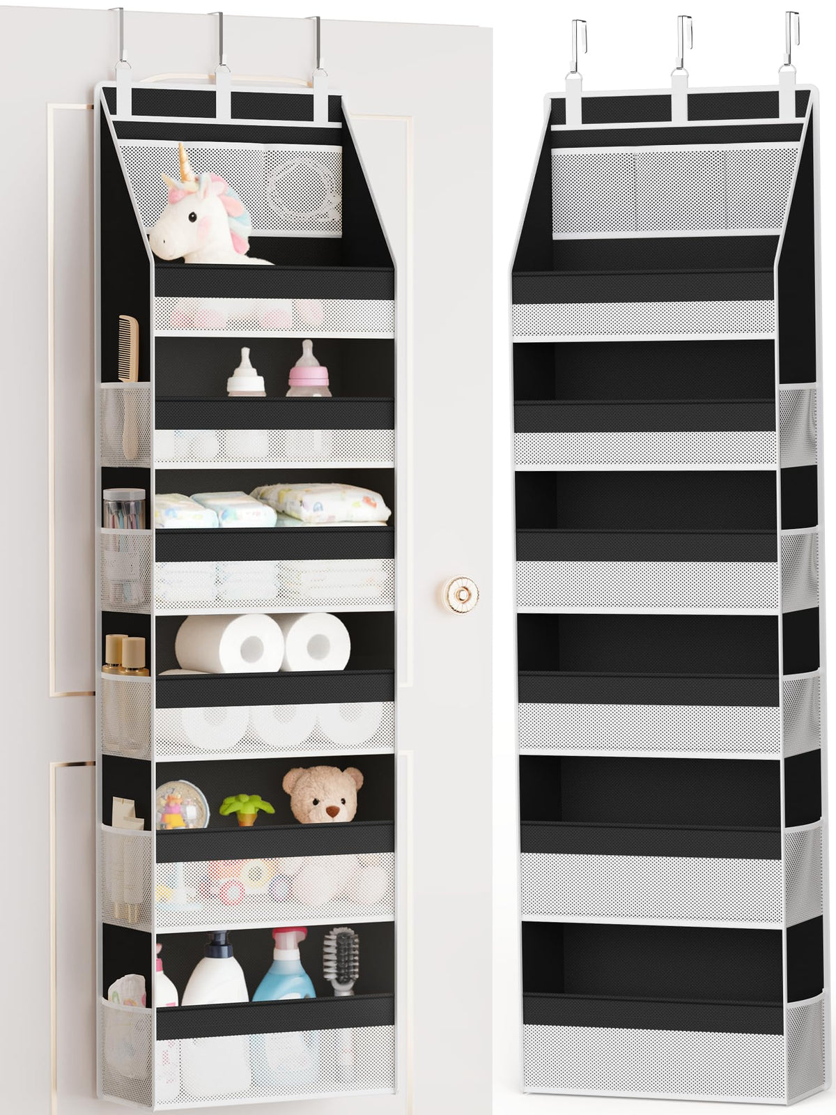 Criusia Over the Door Organizer, 6-Shelf Closet Hanging Storage with 13 Mesh Pockets, 55lbs Capacity Behind the Door Storage for Baby Nursery, Bathroom, Bedroom, and Dorm, Beige