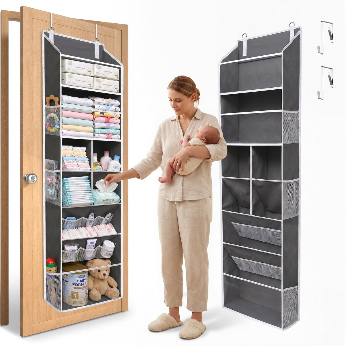 5 Tiers Over the Door Organizer with 10 Mesh Side Pockets, 44 lbs Weight Capacity Closet Hanging Storage Organizer with Large Clear Window Kids Toys, Shoes, Diapers, Beige