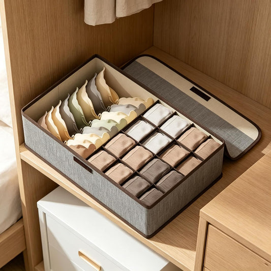 Underwear Drawer Organizer Dividers with Lid, 17 Cells Fabric Foldable Dresser Closet Organizers and Storage Bins Dustproof, Women Men Underwear Socks, Bra, Ties, Scarf