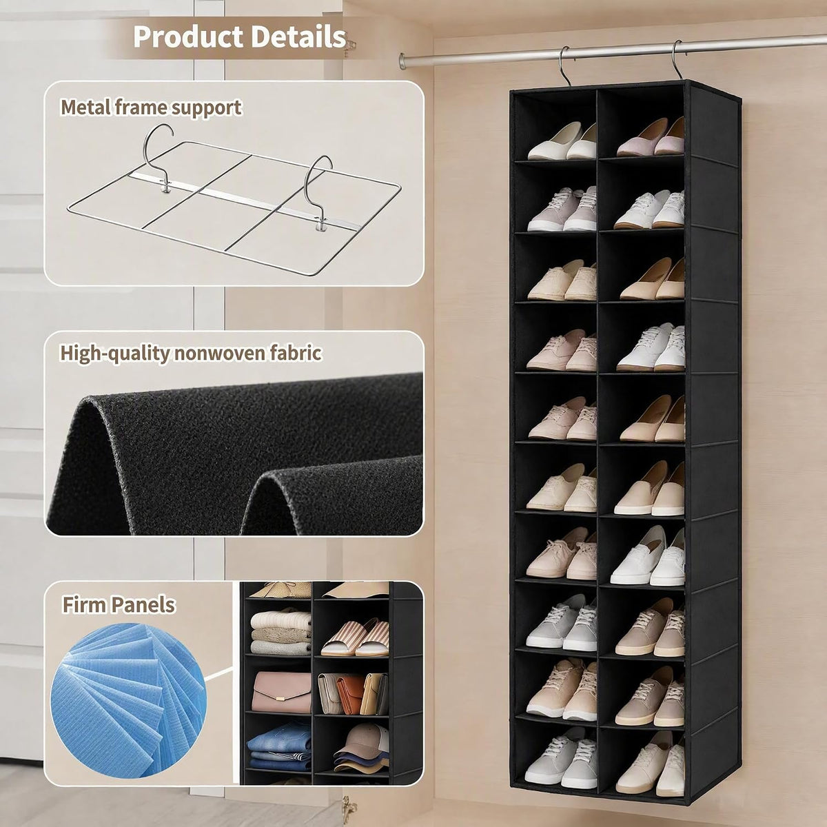 Hanging Shoe Organizer for Closet - 20 Wider Sections Closet Shoe Storage Rack, Sturdy Shoe Holder for Shoes Clothes Shirts, Reinforced Support Panels & Stainless Steel Frame