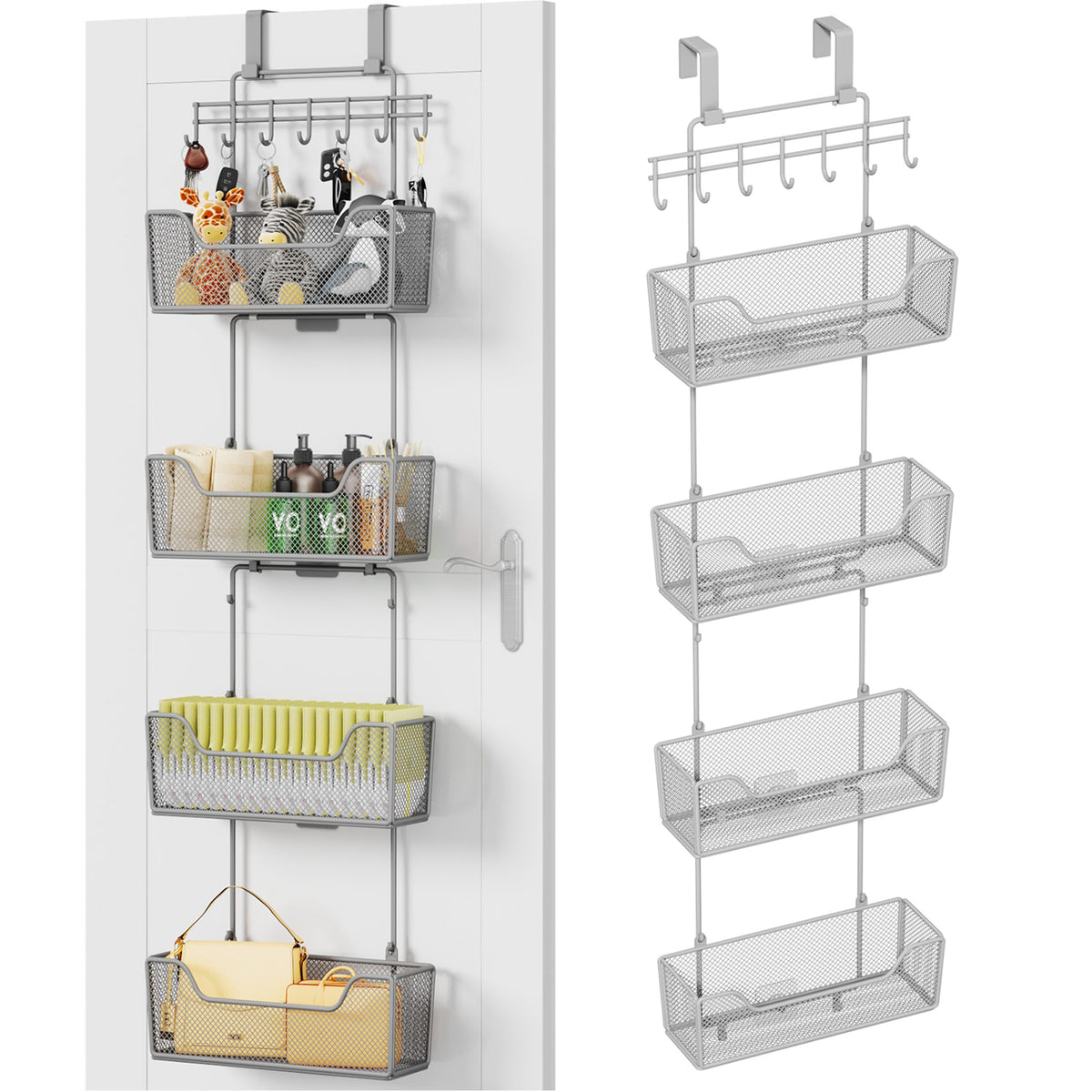 HapiRm Over The Door Organizer - Hanging Door Organizer with 4 Metal Large Capacity Baskets and Adjustable Coat Hook for Bathroom Bedroom Kitchen Pantry Closet Cabinet