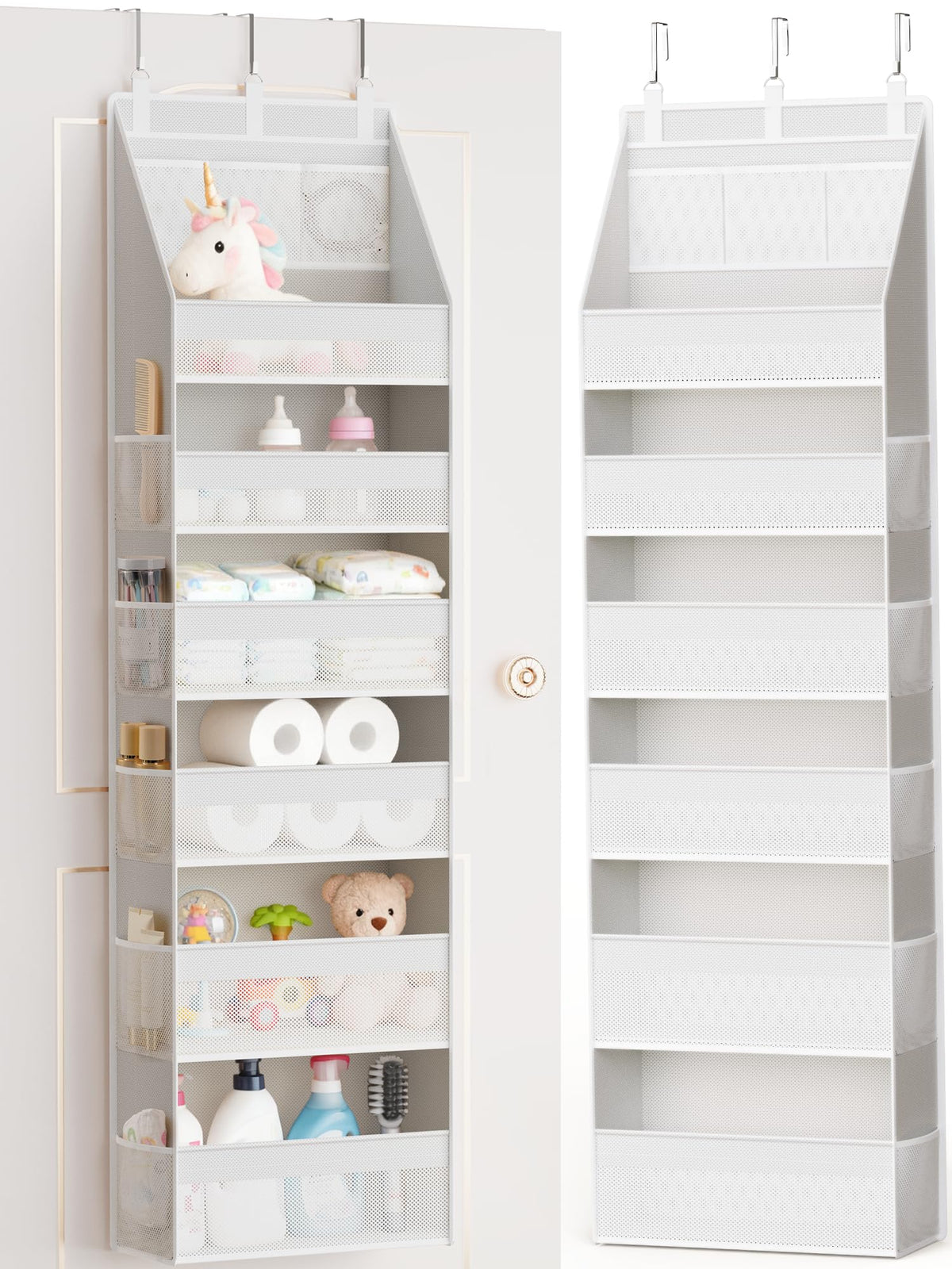 Criusia Over the Door Organizer, 6-Shelf Closet Hanging Storage with 13 Mesh Pockets, 55lbs Capacity Behind the Door Storage for Baby Nursery, Bathroom, Bedroom, and Dorm, Beige