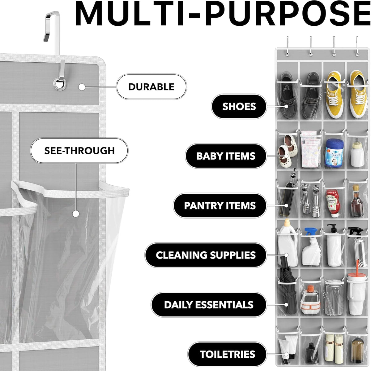 Simple Houseware 24 Pockets Clear Over the Door Shoe Organizer, Gray