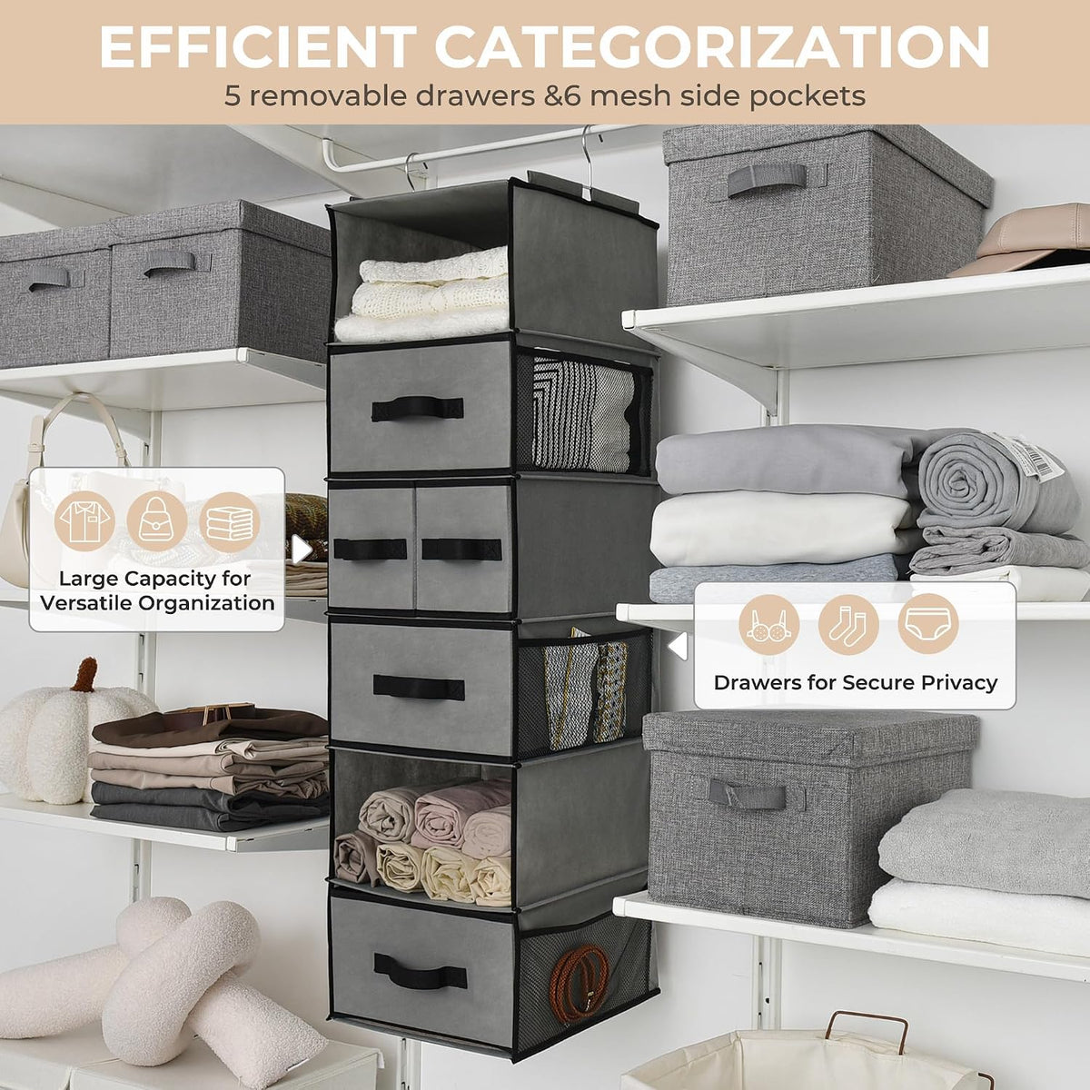 GRANNY SAYS Hanging Closet Organizer, 5 Drawers, 6 Shelves, 6 Pockets, Gray