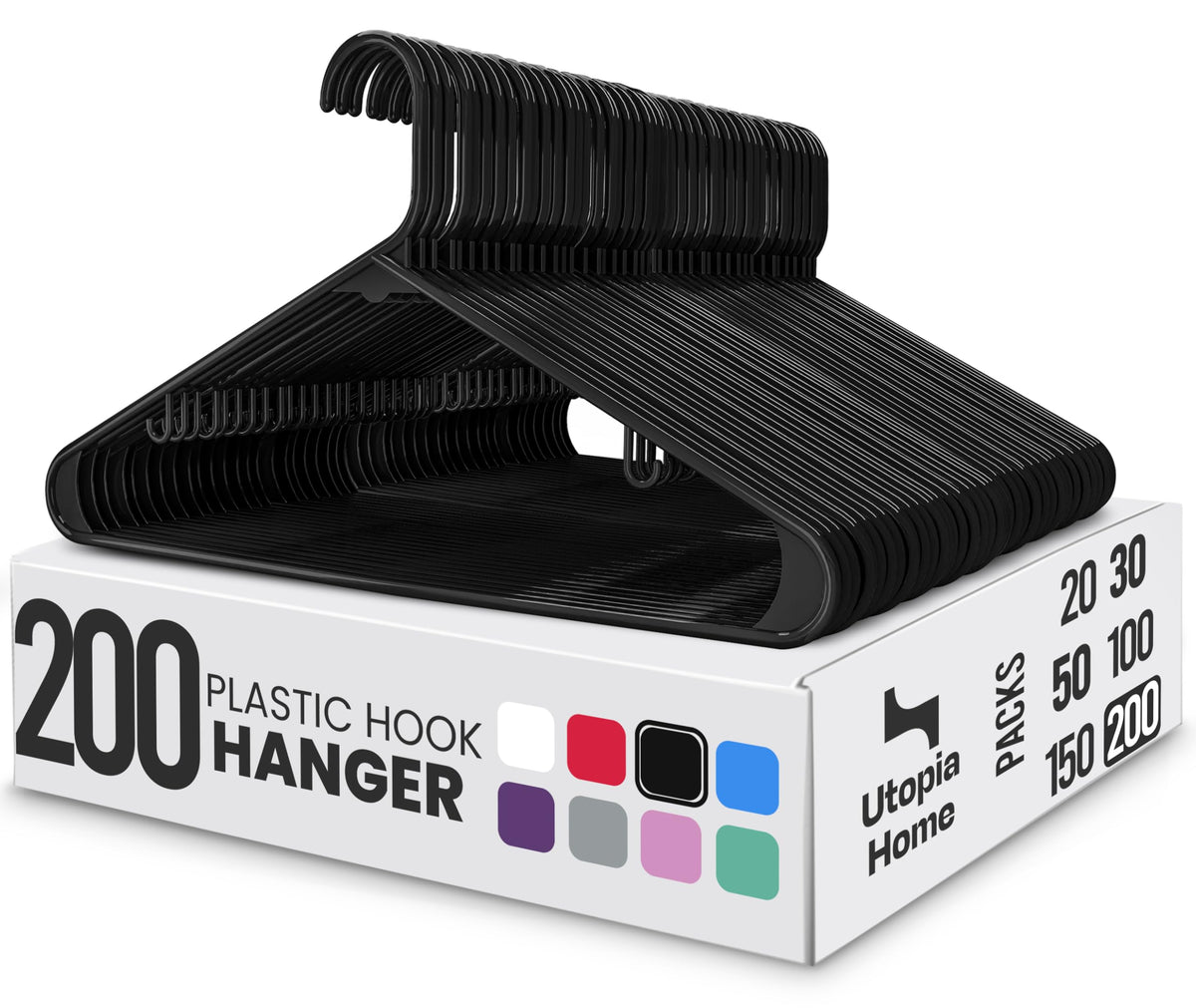 Utopia Home Plastic Hangers 50 Pack – Built-in Strap Hooks Black