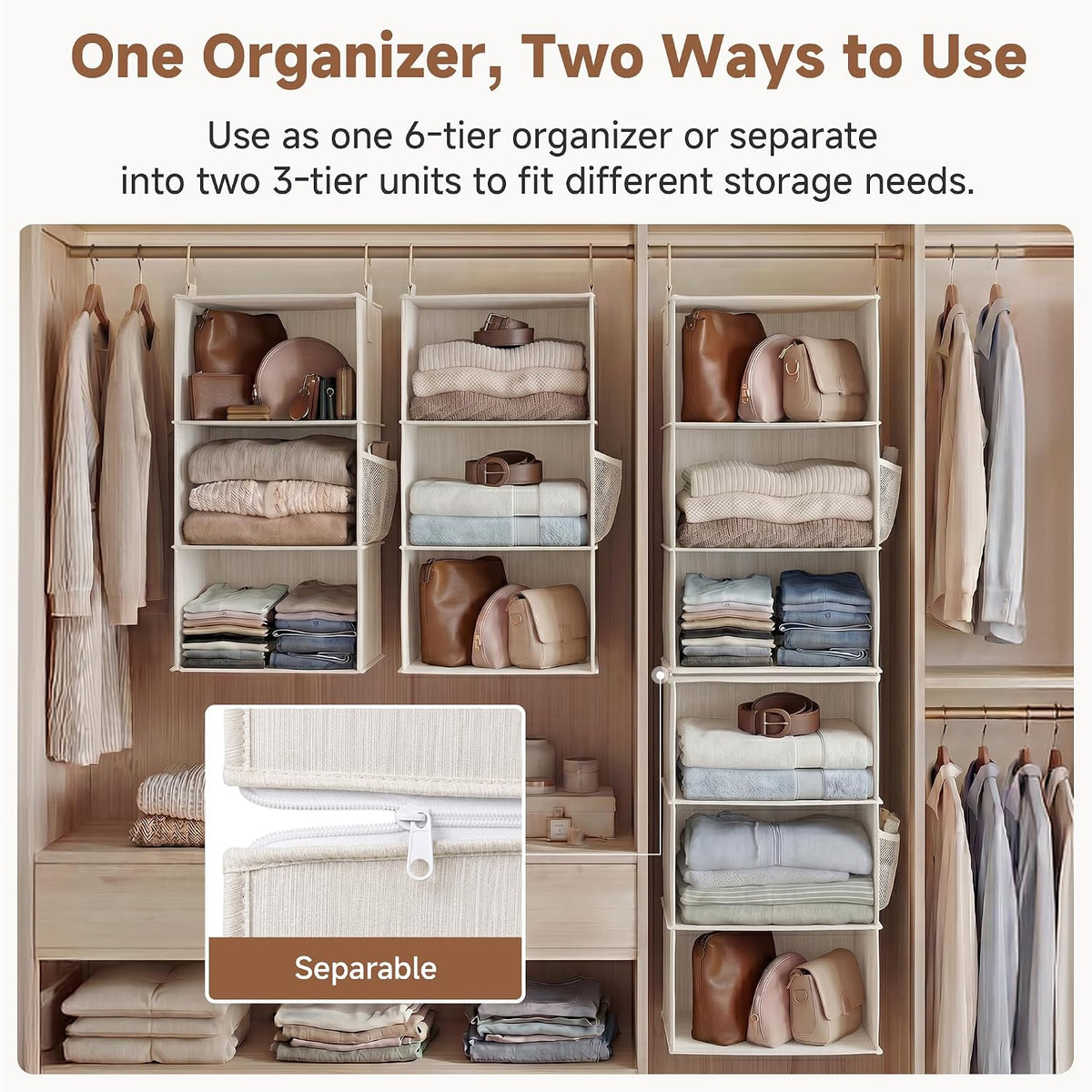 StorageWorks Hanging Closet Organizer, 6-Shelf with 2-in-1 Design, Ivory
