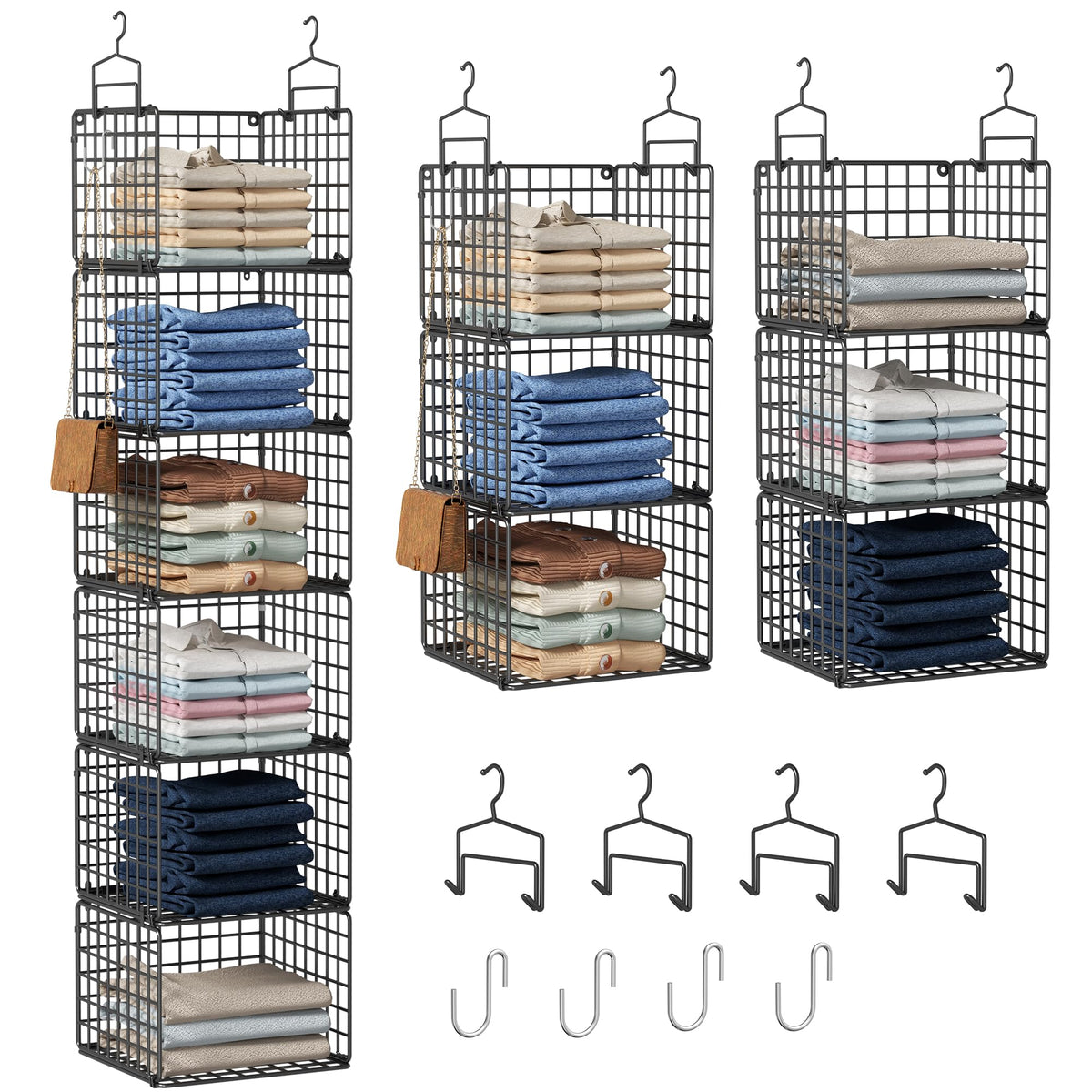 Hanging Closet Organizer, 4 Tier Metal Closet Organizers and Storage with 4 Hanging Hooks 4 S-Hooks for Wardrobe Laundry Room, Wire Storage Shelf for Clothes Sweaters Pants (White)