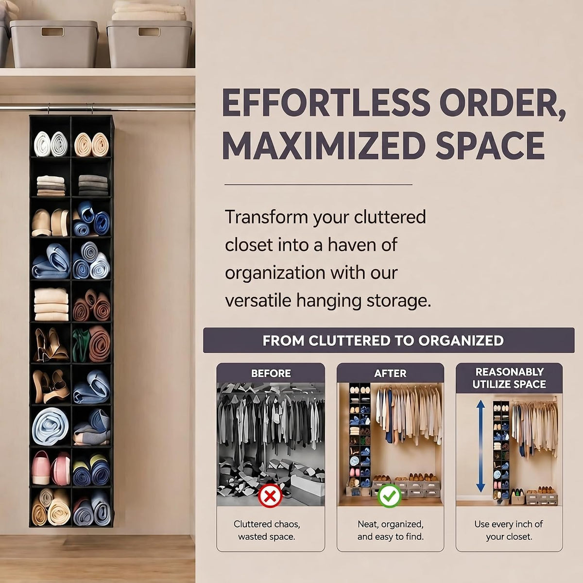 Hanging Shoe Organizer for Closet - 20 Extended Sections Closet Shoe Storage Rack with 8 Side Mesh Pockets, Foldable Shelves Holder for Clothes Shoes Shirts Jeans Hats