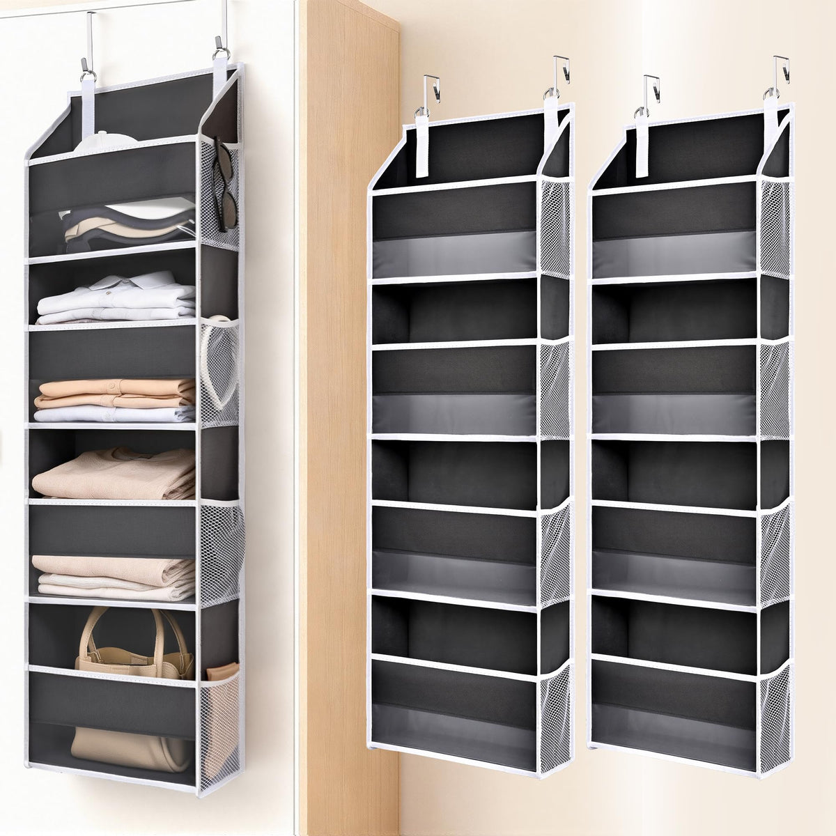 ULG 1 Pack Over Door Organizer with 5 Large and 10 Mesh Side Pockets, 44 lbs Weight Capacity Hanging Storage with Clear Window Kids Toys, Shoes, Diapers, Dark Grey, 5 Layers