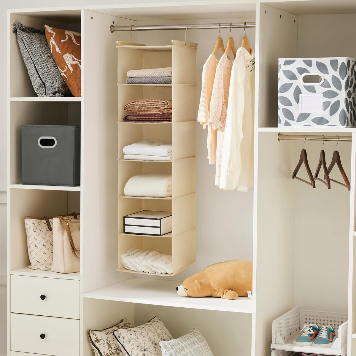 MAX Houser 6 Tier Shelf Hanging Closet Organizer with 2 Hooks, Beige