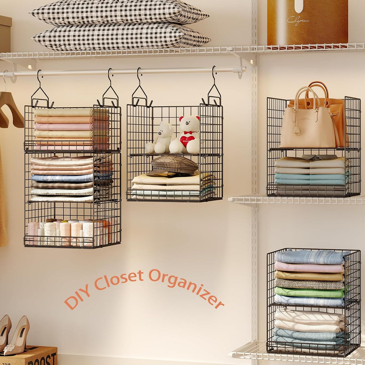 Yuyetuyo 5 Tier Closet Hanging Organizer and Storage Separable Hanging Closet Shelves with 4 Hooks 2 Adjustable Dividers, Wire Storage Basket Bins for Clothing Sweaters Socks Dolls Handbags, Foldable