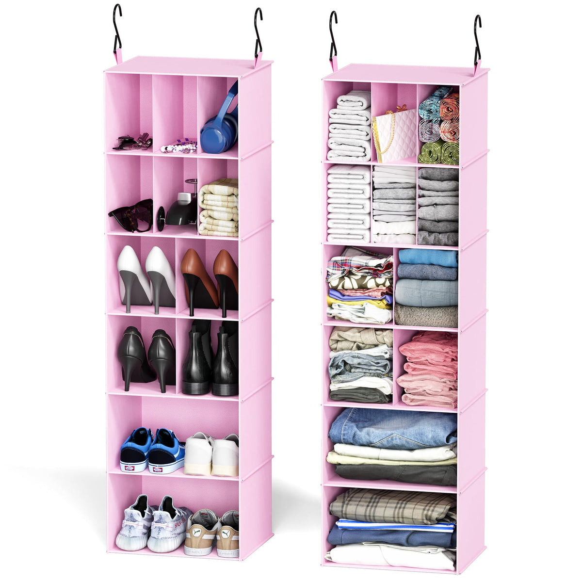 SpaceAid 2 Pack Hanging Closet Organizer and Storage with Dividers, 24 Compartments Hanging Shoe Shelves for Closet, Wardrobe, RV, Garment Rack - Black