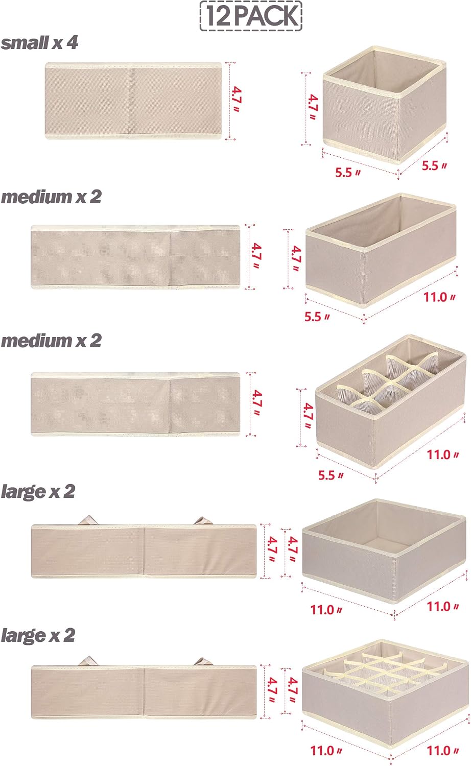 TENABORT 12 Pack Foldable Drawer Organizer Dividers Cloth Storage Box Closet Dresser Organizer Cube Fabric Containers Basket Bins for Underwear Bras Socks Panties Lingeries Nursery Baby Clothes Beige