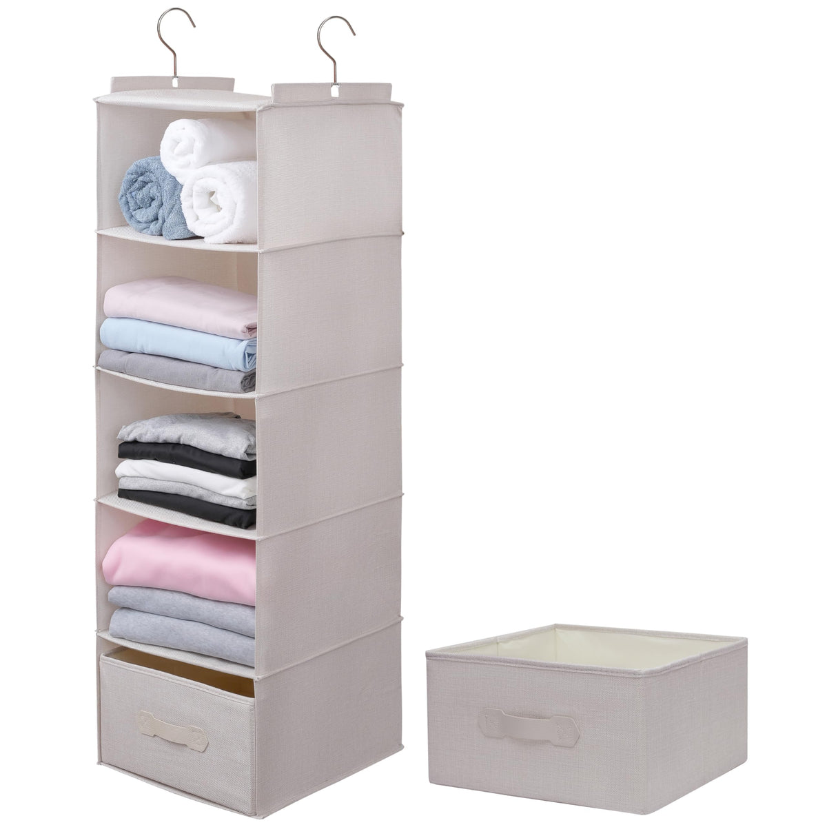 Large Hanging Sweater Organizer for Closet,Collapsible 6-Shelf Hanging Closet Shelves with Drawers, Washable (Grey-6 Shelf)