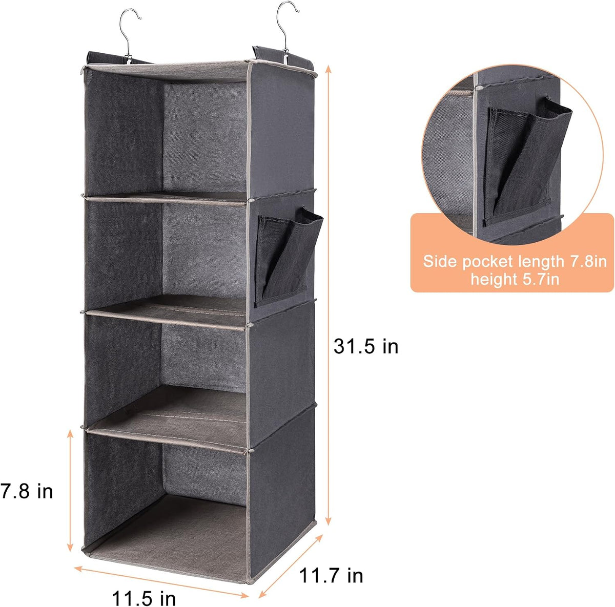 Hanging Closet Organizer and Shelves,4 Shelves with 1 Side Pockets (Grey)