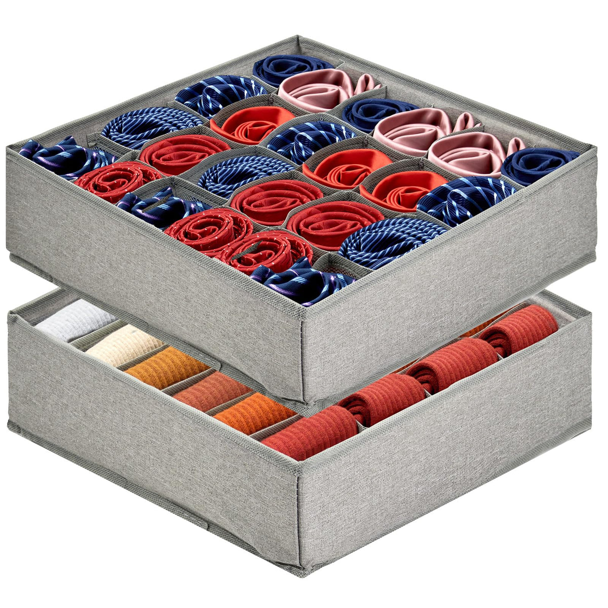 PINGMIC 2-Pack Sock & Tie Organizer with Lid, 30-Cell Foldable Storage Box