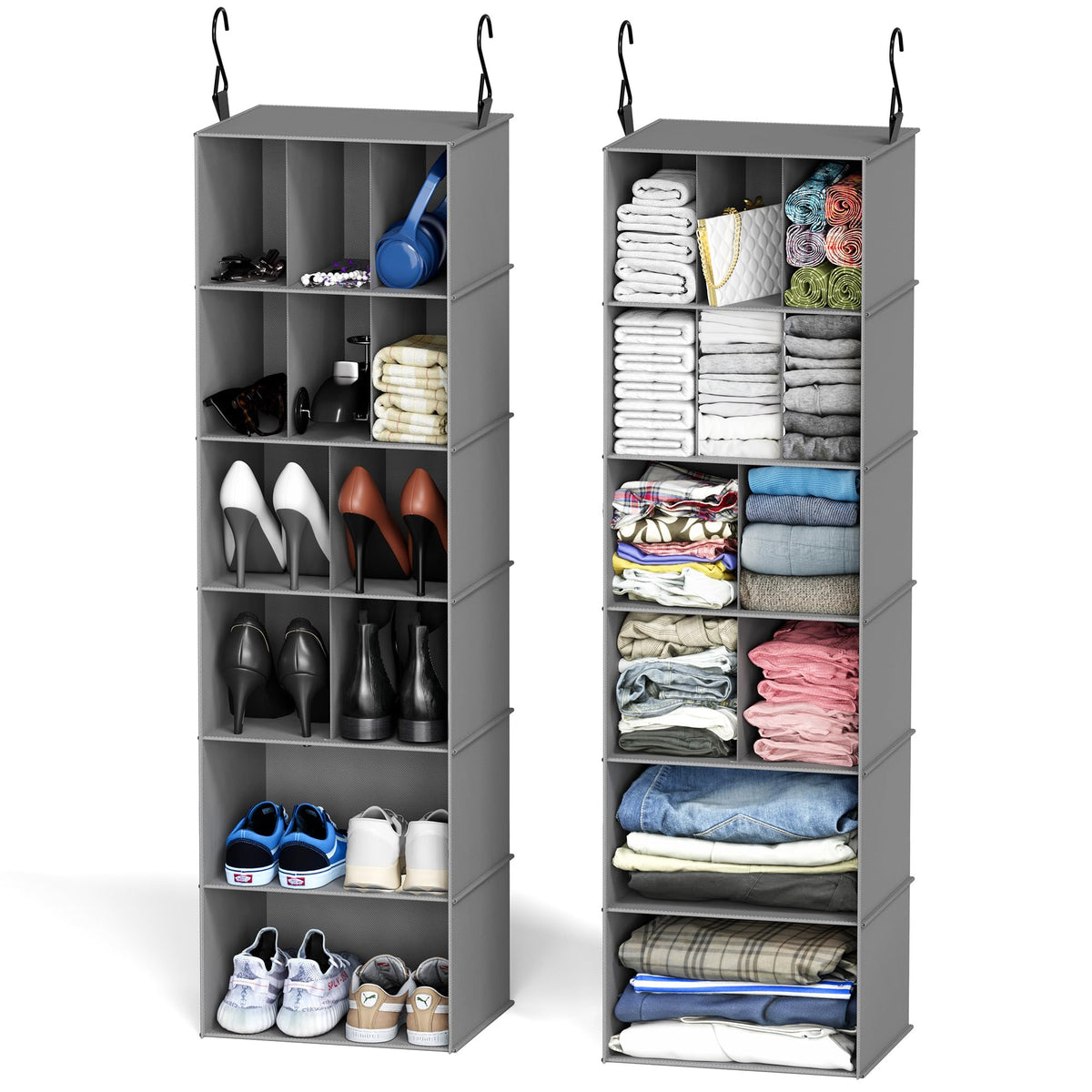 SpaceAid 2 Pack Hanging Closet Organizer and Storage with Dividers, 24 Compartments Hanging Shoe Shelves for Closet, Wardrobe, RV, Garment Rack - Black