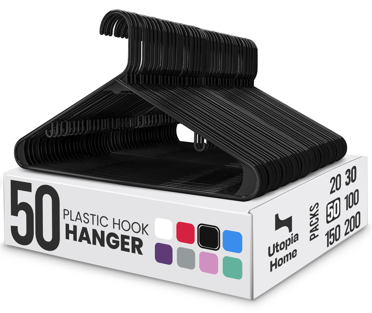Utopia Home Plastic Hangers 50 Pack – Built-in Strap Hooks Black