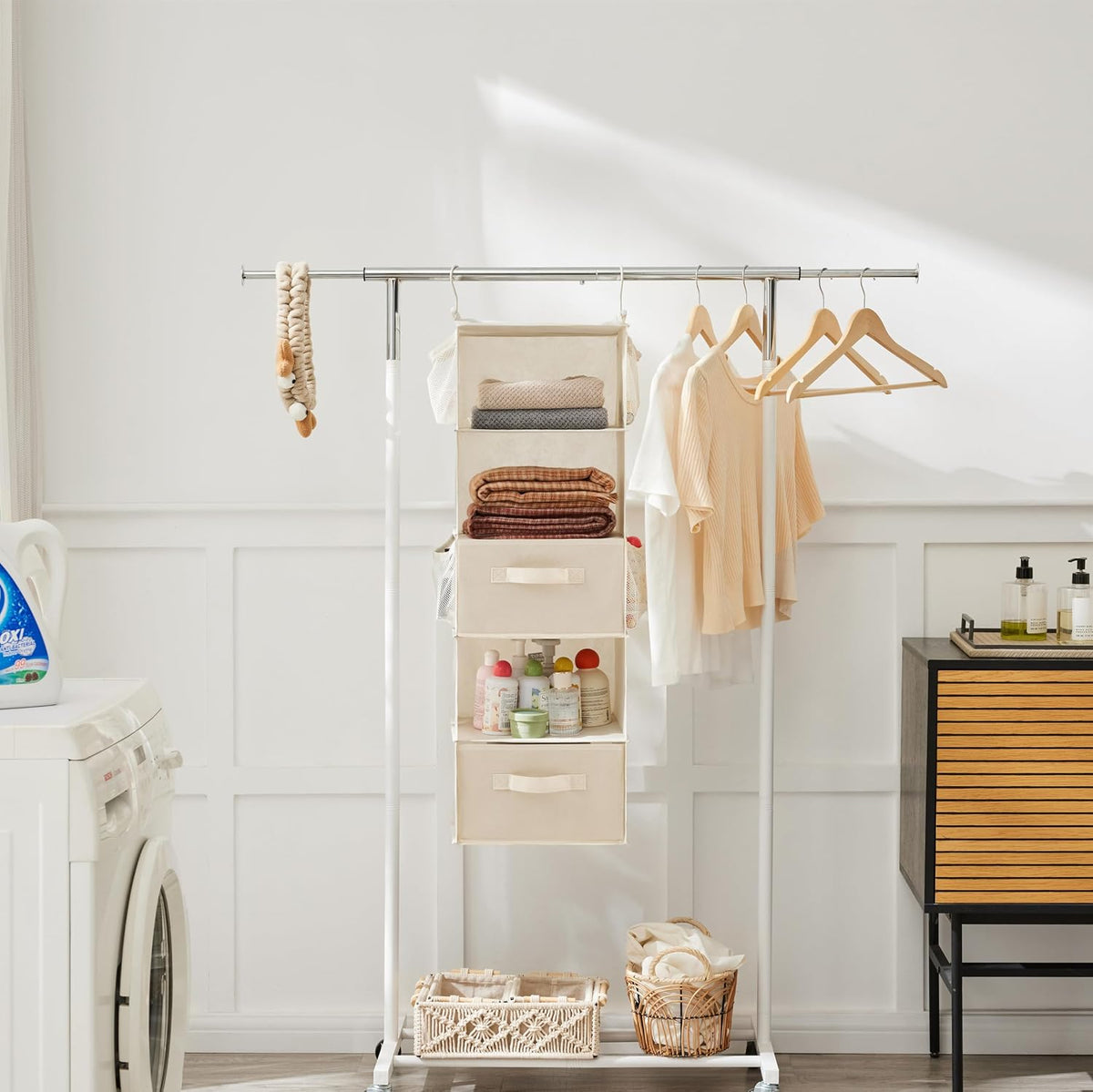 MAX Houser 5 Tier Shelf Hanging Closet Organizer, Cloth Hanging Shelf with 2 Sturdy Hooks for Storage, Foldable (Beige-D2)