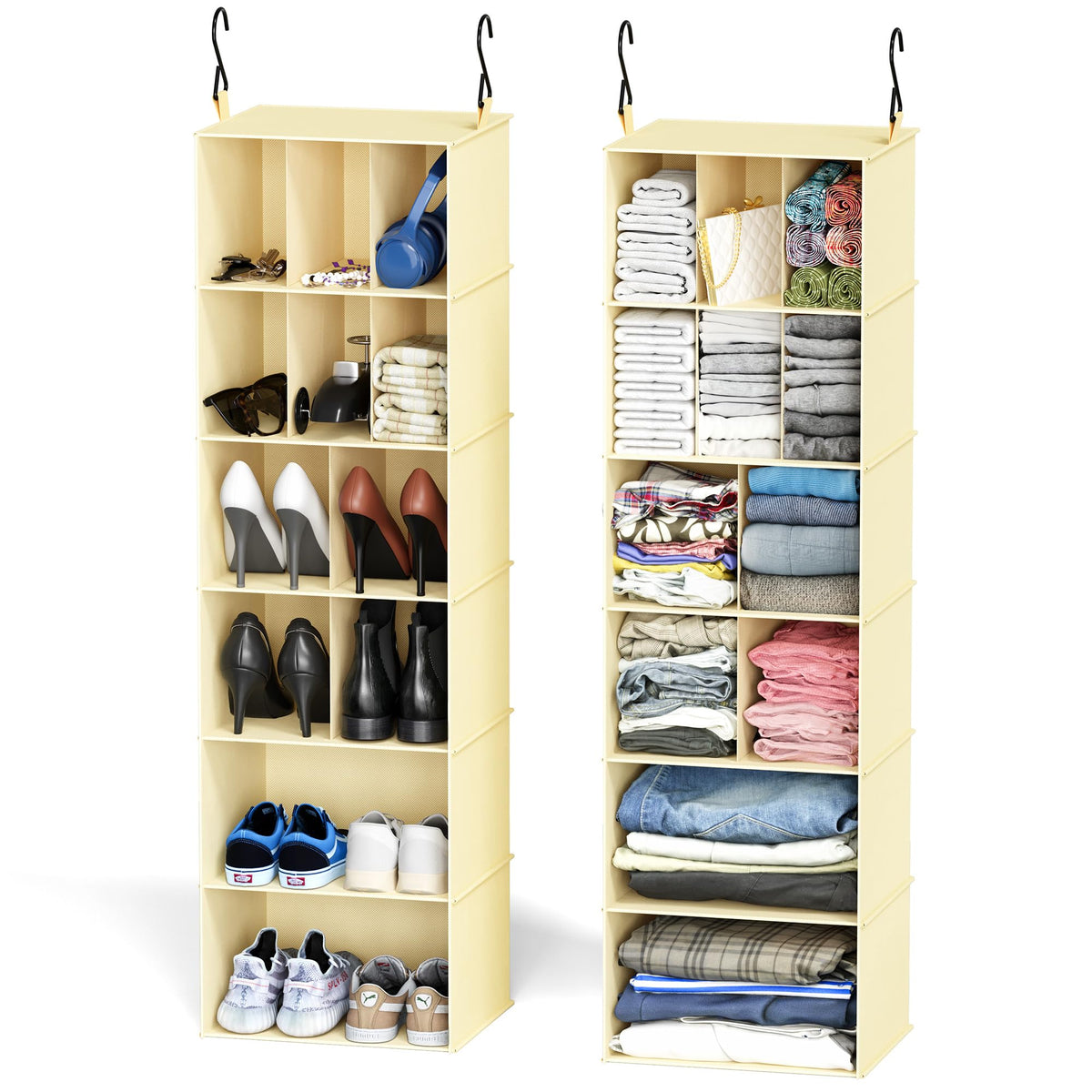SpaceAid 2 Pack Hanging Closet Organizer and Storage with Dividers, 24 Compartments Hanging Shoe Shelves for Closet, Wardrobe, RV, Garment Rack - Black